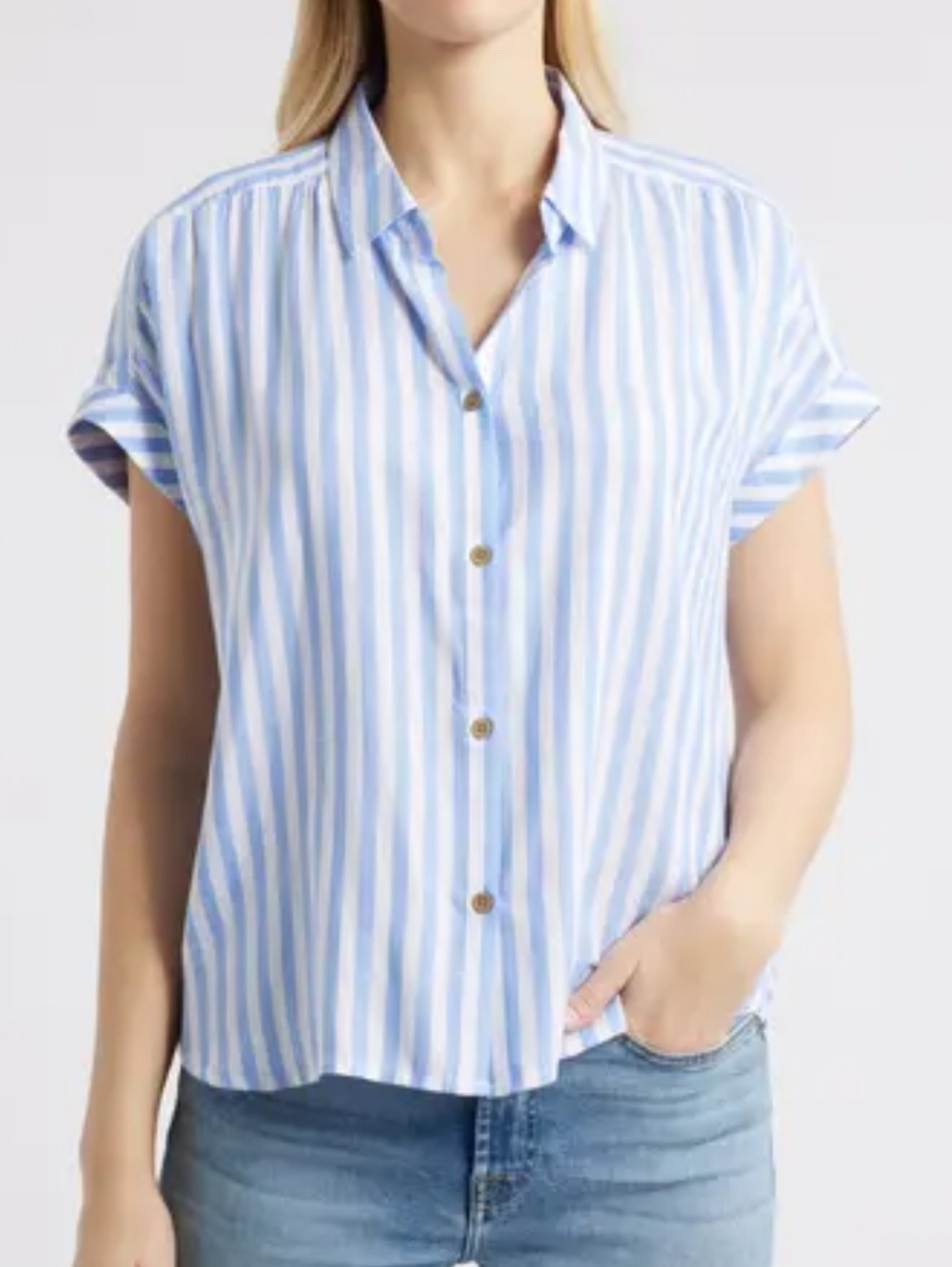 Beach Lunch Lounge Blue Stripe Button Up Shirt Cotton Womens Sz L Coastal - Picture 3 of 11